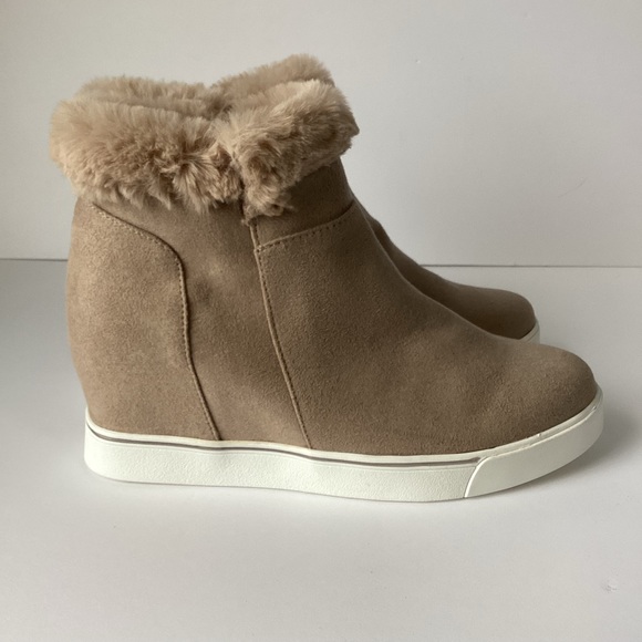 Maurices Shoes - MAURICES: tan suede, feel faux fur topped wedge, bootie sneakers size 9